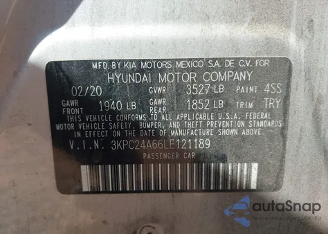 2020 Hyundai Accent Se из США, поврежденный, VIN 3KPC24A66LE121189